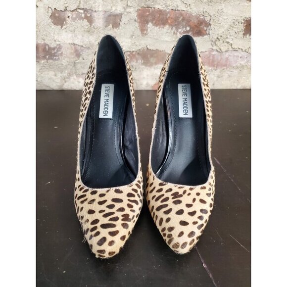 Steve Madden Heels 8.5 Cheetah Print Fur Cow Hair Pumps Tan Brown Stiletto - Picture 2 of 6